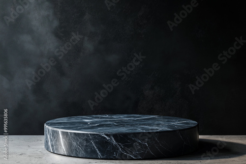 3D product table in an empty studio, facing a black wall, is set up for presentation on a podium with a concrete dark surface.