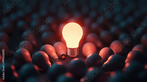 One lit light bulb standing out from the crowd, Concept of Innovation, Creativity, and Inspiration
