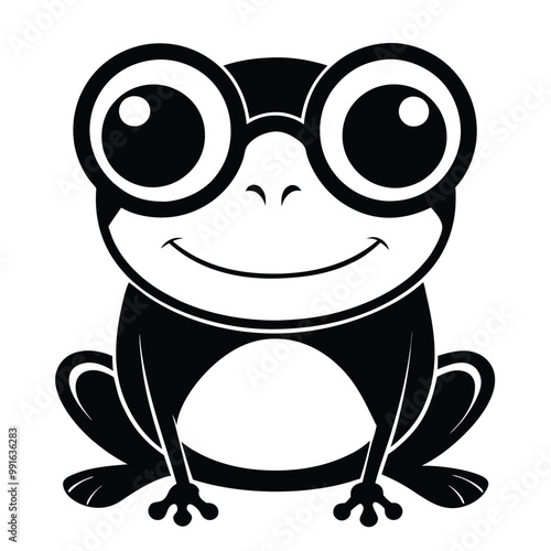 a black and white illustration of a frog wearing glasses. The frog is sitting on its hind legs with its front legs stretched out in front of it 