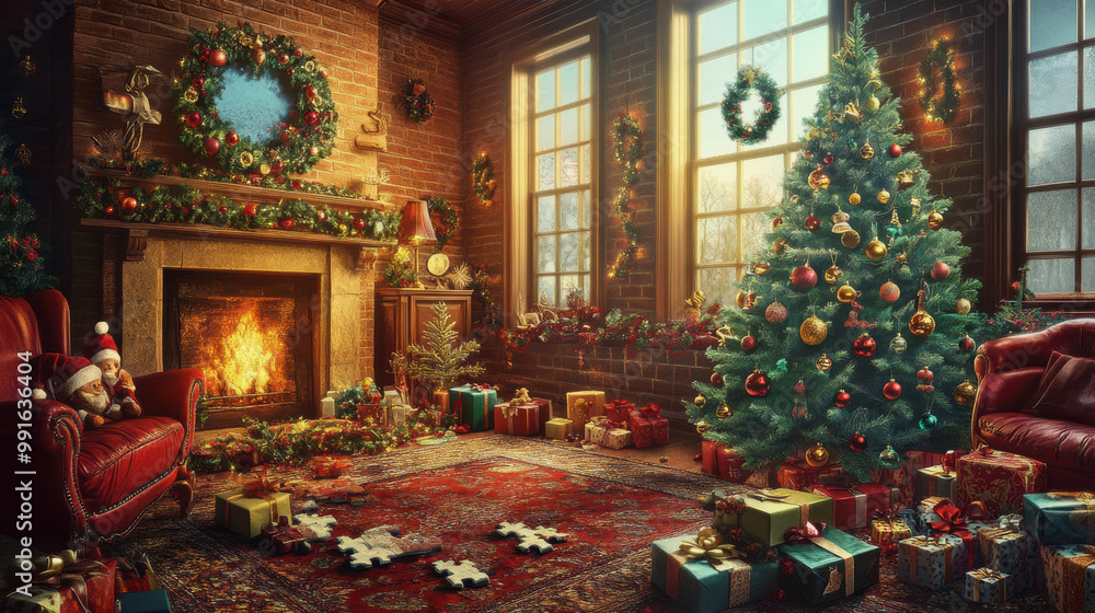 Fototapeta premium cozy Christmas living room features beautifully decorated tree, warm fireplace, and festive ornaments. scene evokes joyful holiday spirit with gifts and decorations