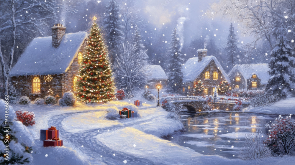 Fototapeta premium picturesque winter scene featuring charming village adorned with Christmas decorations. Snow gently falls on cozy cottages, beautifully lit Christmas tree, and wrapped gifts, creating warm holiday