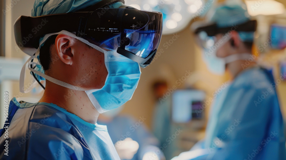 A surgeon in telemedicine, using augmented reality glasses to guide a distant surgical team, overlaying real-time instructions and feedback A surgeon in telemedicine, using augmented reality glasses to guide a distant surgical team, overlaying real-time instructions and feedback