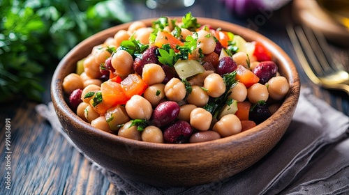 Freshly prepared legume salad with chickpeas, kidney beans, and crunchy raw vegetables, garnished with parsley and mild spices for a healthy, colorful dish.