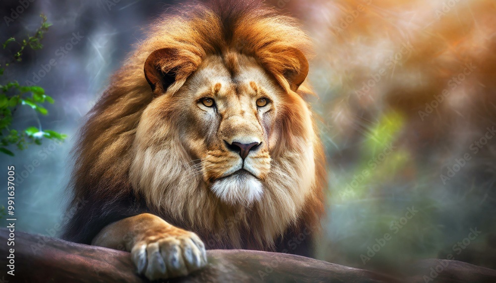 Fototapeta premium A majestic lion is bathed in the golden light of dusk, its powerful gaze surveying the wild savannah. Its flowing mane ripples in the breeze, embodying regal strength.