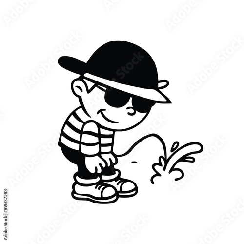 a black and white line drawing of a cartoon character. The character is wearing a striped shirt, a black hat, and sunglasses 