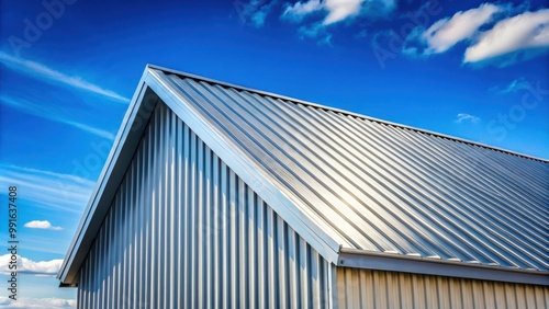 Galvanized metal profile roof of house standing out against blue sky stock image