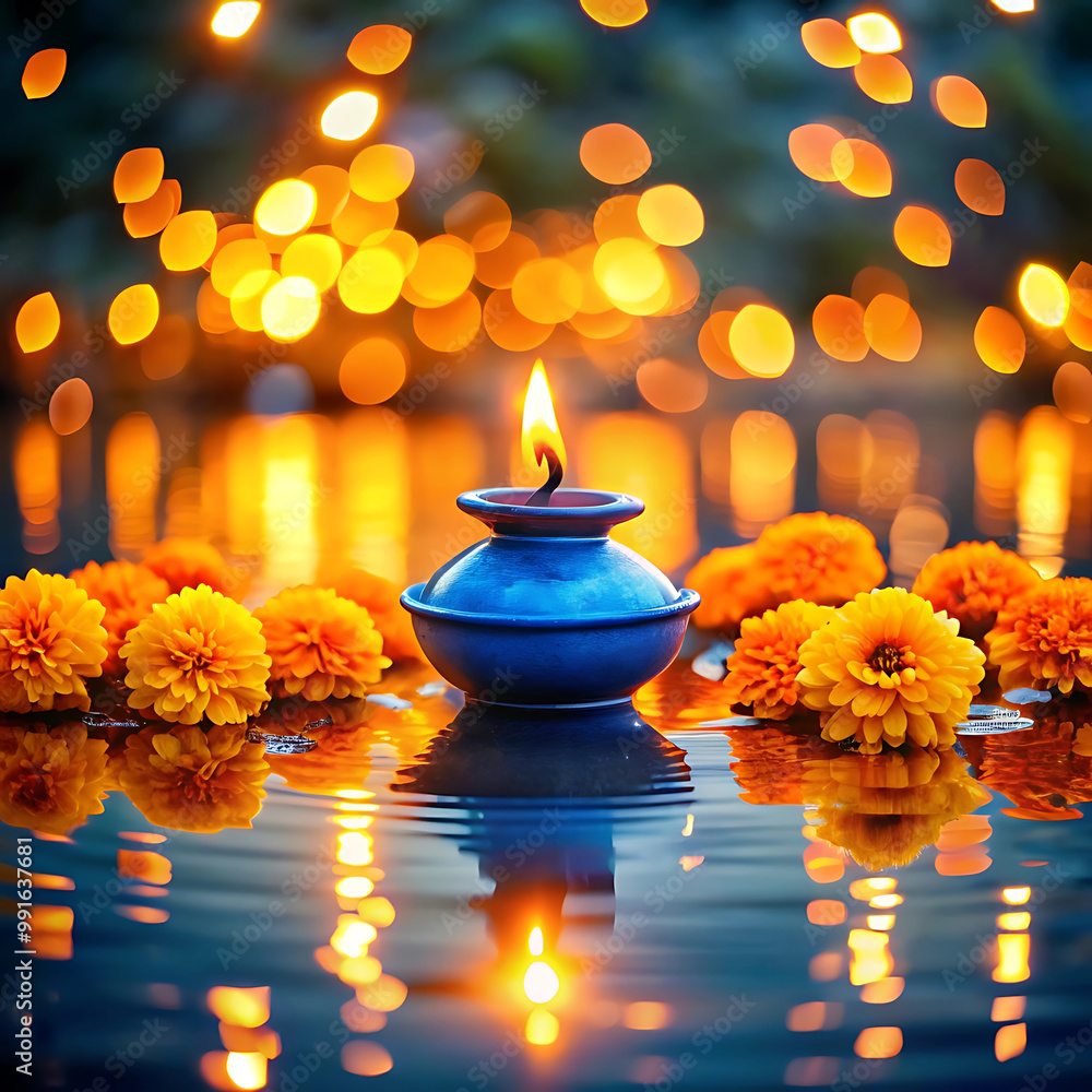 A Single Lit Candle Floating in Water Surrounded by Orange Flowers A Single Lit Candle Floating in Water Surrounded by Orange Flowers