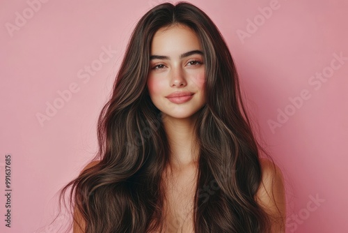 Beautiful woman with long wavy hair on a pink background. Ad for shampoo conditioner hair products .geneative ai