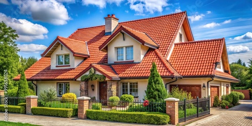 Traditional house with a red tiled roof in a suburban neighborhood setting