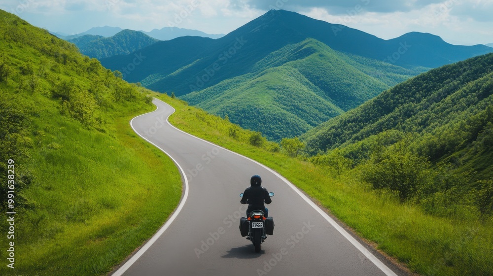 Rider Exploring Winding Mountain Road on Motorcycle Rider Exploring Winding Mountain Road on Motorcycle