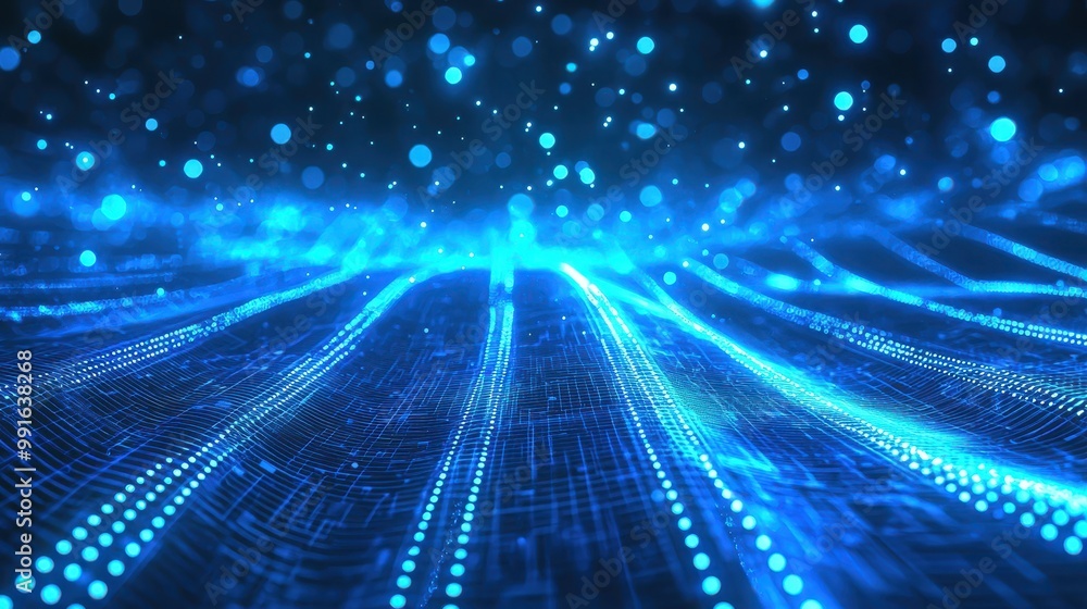 Blue holographic light beams flowing across an abstract tech-inspired grid, creating a futuristic sense of innovation. Blue holographic light beams flowing across an abstract tech-inspired grid, creating a futuristic sense of innovation.
