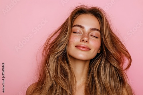 Beautiful woman with long wavy hair on a pink background. Ad for shampoo conditioner hair products .geneative ai