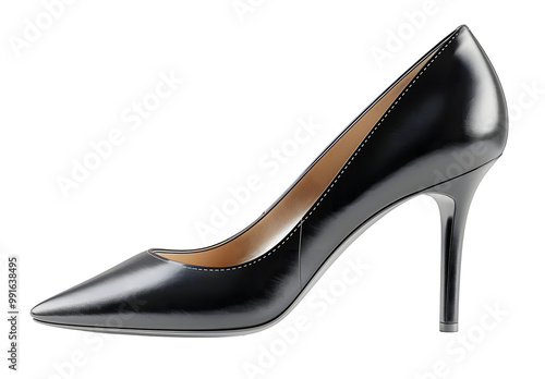 Single black leather high heeled women shoe or Stiletto isolated on transparent background