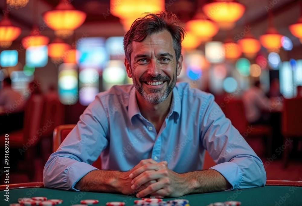 Man smiling at poker table in casino Man smiling at poker table in casino