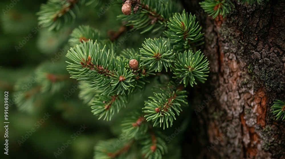 Close-up view of vibrant pine tree branches with green needles and cones in a forest during daylight Close-up view of vibrant pine tree branches with green needles and cones in a forest during daylight