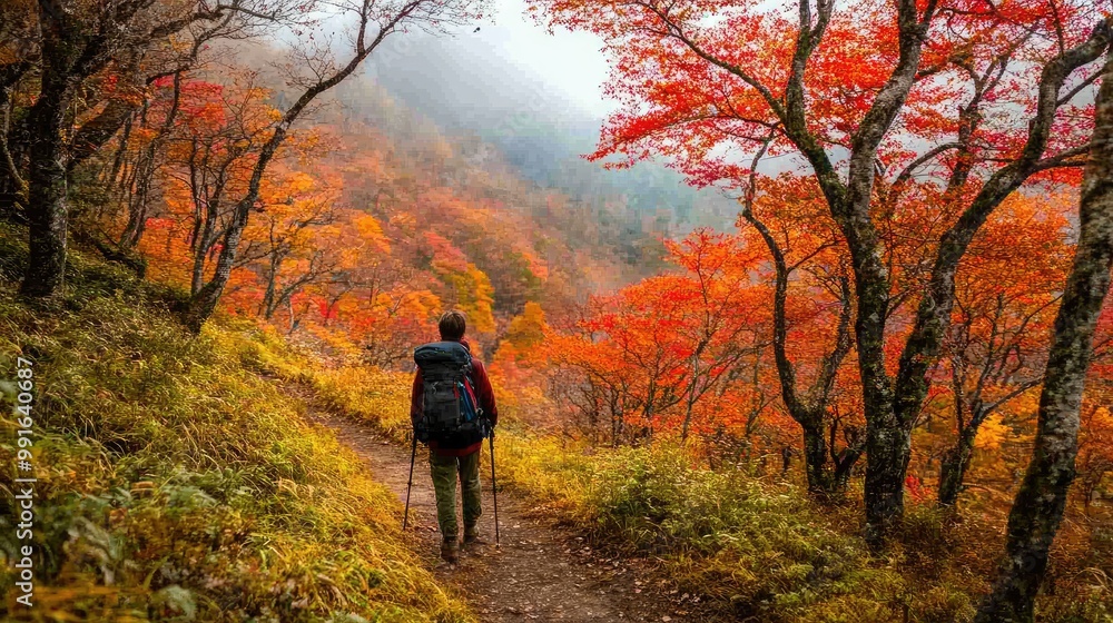 Hiker standing on a trail near Tsuta Onsen, taking in the breathtaking autumn scenery of red and orange leaves covering the forest. Hiker standing on a trail near Tsuta Onsen, taking in the breathtaking autumn scenery of red and orange leaves covering the forest.
