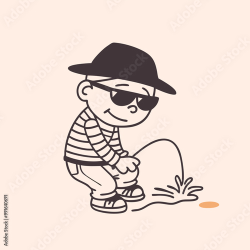 a black and white line drawing of a cartoon character. The character is wearing a striped shirt, a black hat, and sunglasses 