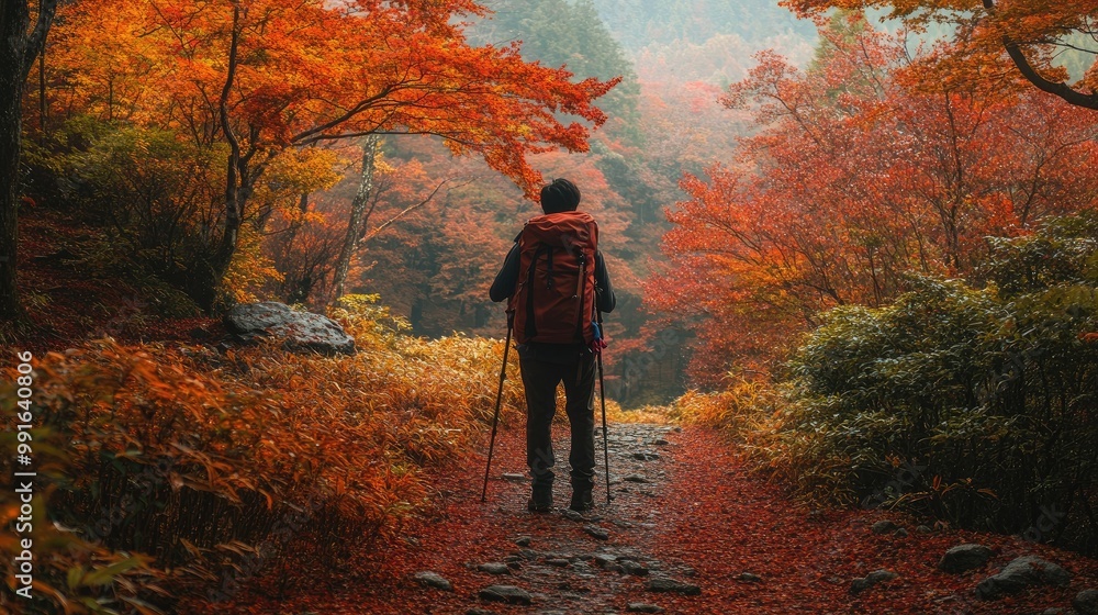 Obraz premium Hiker standing on a trail near Tsuta Onsen, taking in the breathtaking autumn scenery of red and orange leaves covering the forest.