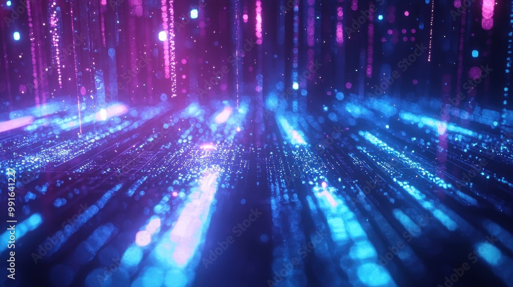 Blue holographic light beams in motion across a sleek tech background, with shimmering digital patterns for a futuristic feel. Blue holographic light beams in motion across a sleek tech background, with shimmering digital patterns for a futuristic feel.