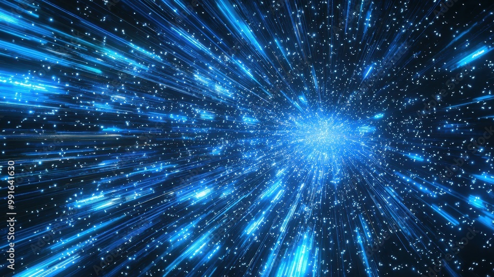 Naklejka premium Blue holographic light beams in motion across a tech-inspired digital space, evoking futuristic innovation and modern technology.
