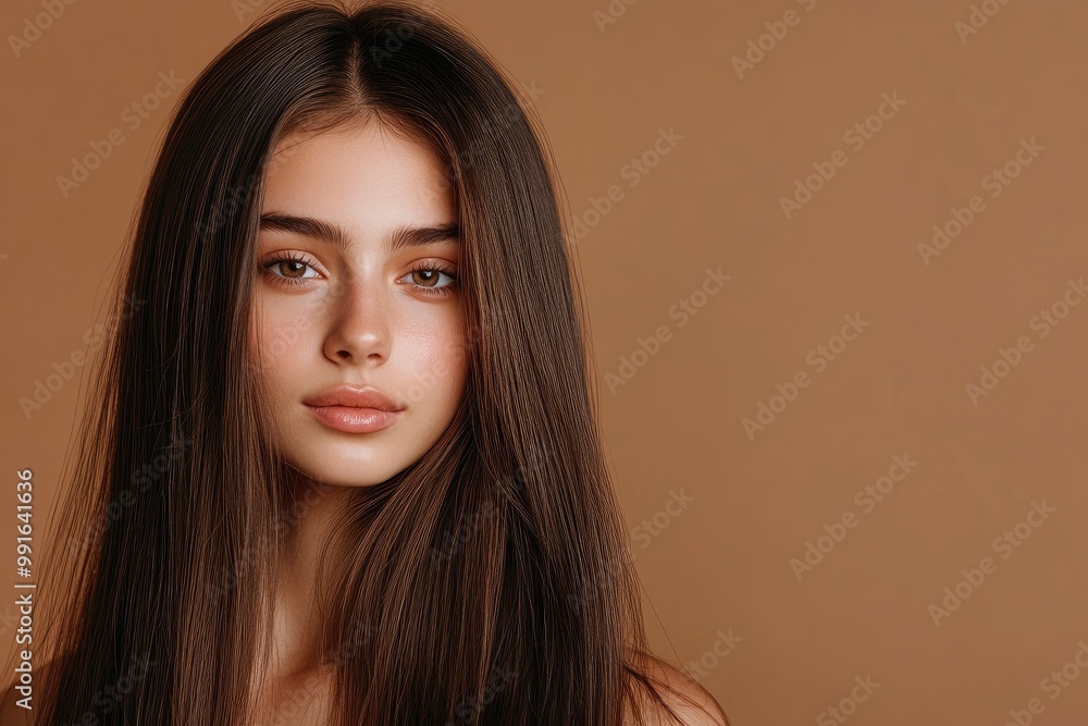 Beautiful young woman with long hair on brown background, closeup. Ad for shampoo conditioner hair products. Girl with beautiful healthy long shiny brown hair .geneative ai Beautiful young woman with long hair on brown background, closeup. Ad for shampoo conditioner hair products. Girl with beautiful healthy long shiny brown hair .geneative ai