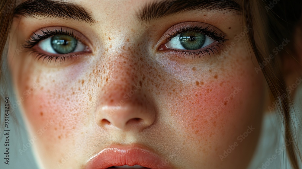 Close-Up Portrait of a Woman with Freckles and Green Eyes Close-Up Portrait of a Woman with Freckles and Green Eyes