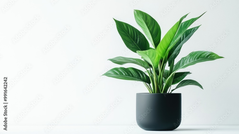 Houseplant with glossy, tropical leaves in a matte black planter on a pristine white background. Clean and stylish composition for indoor greenery ideas. Houseplant with glossy, tropical leaves in a matte black planter on a pristine white background. Clean and stylish composition for indoor greenery ideas.