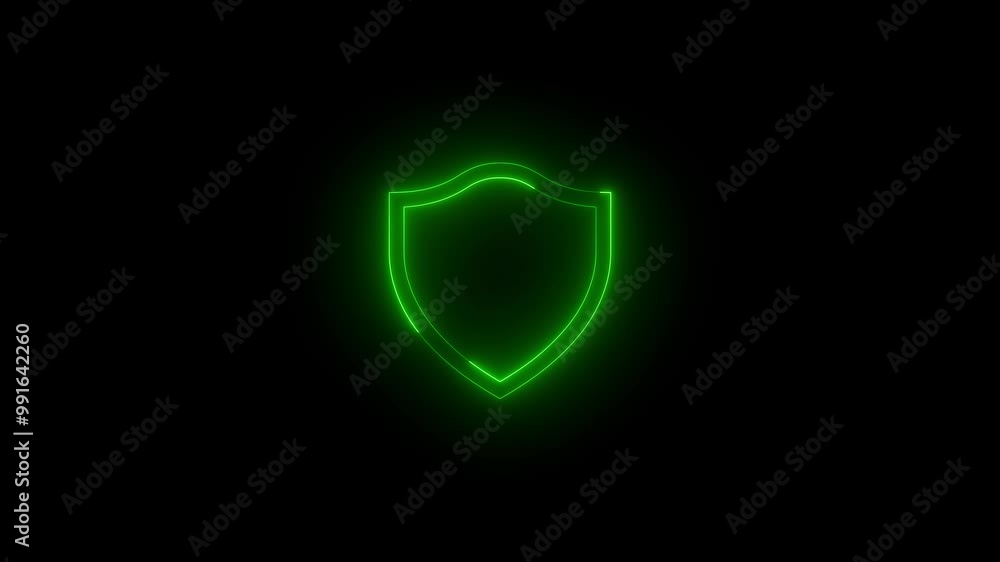 Neon shield icon green glowing black background animation Neon shield icon green glowing black background animation