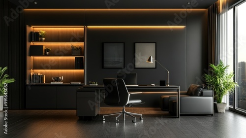 Interior of a modern dark office with a minimalist desk setup, sofa in the corner, and soft lighting from glowing lamps, perfect for creative workspace inspiration.
