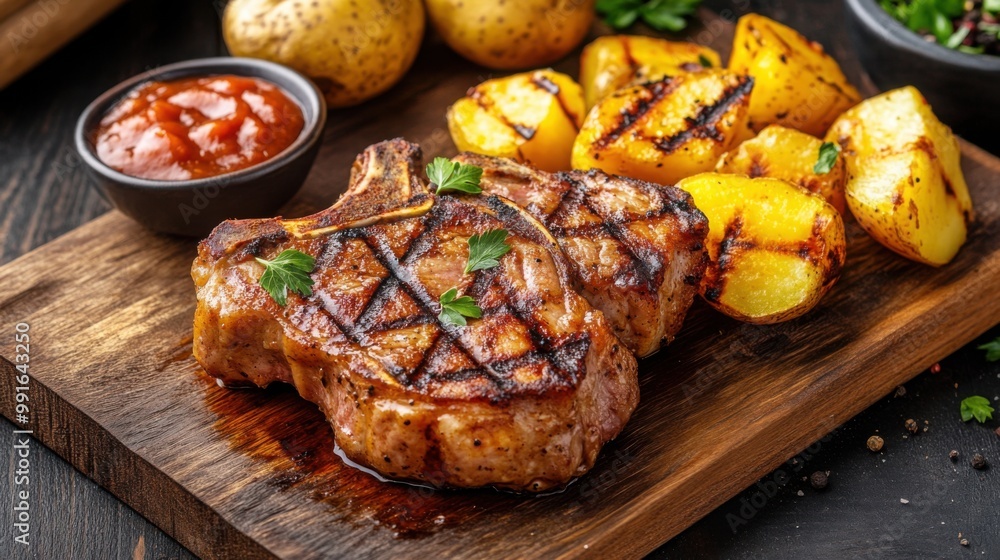 Grilled Pork Chops with Apple Sauce and Roasted Potatoes Grilled Pork Chops with Apple Sauce and Roasted Potatoes