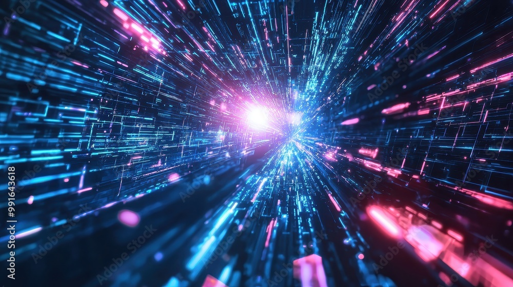 Digital holographic background with radiant blue beams of light traveling through abstract technology-inspired shapes. Digital holographic background with radiant blue beams of light traveling through abstract technology-inspired shapes.