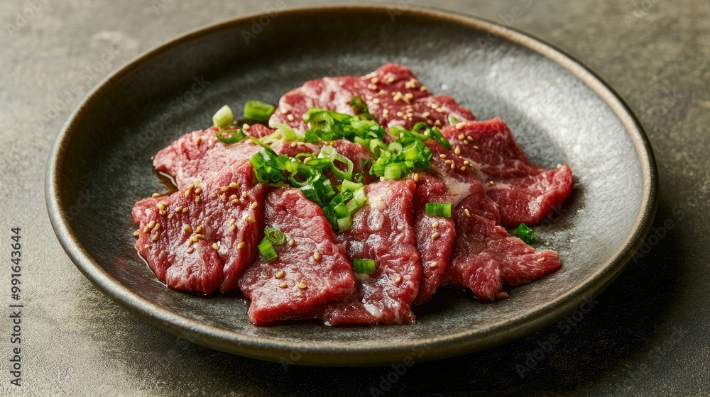 Japanese beef slices served on a traditional ceramic plate, garnished with green onions. A classic dish presentation for food blogs and culinary guides. Japanese beef slices served on a traditional ceramic plate, garnished with green onions. A classic dish presentation for food blogs and culinary guides.