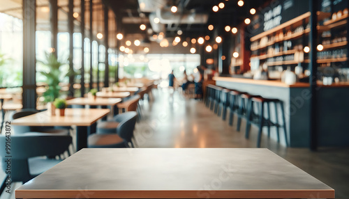 cafe restaurant shop interior empty wooden table blurry bokeh effect background light decor. perfect for product display placement montage photoshoot indoor high quality counter top warm cozy back