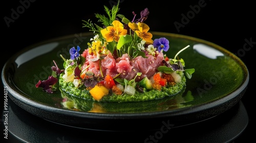 Wallpaper Mural Japanese-style tartare beef salad served on a green round plate with a floral arrangement of raw beef, fresh veggies, and edible flowers. The black reflective table adds a sophisticated touch. Torontodigital.ca