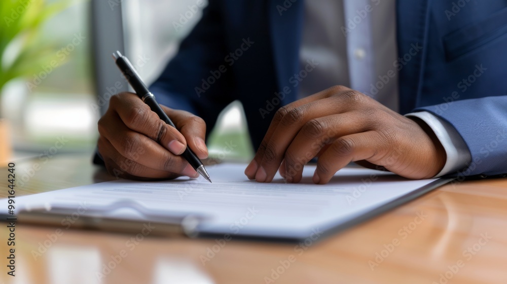 Close-up of a confident businessman signing a contract, with financial documents blurred in the background. price guarantees and business security, capturing the essence of professionalism and trust Close-up of a confident businessman signing a contract, with financial documents blurred in the background. price guarantees and business security, capturing the essence of professionalism and trust