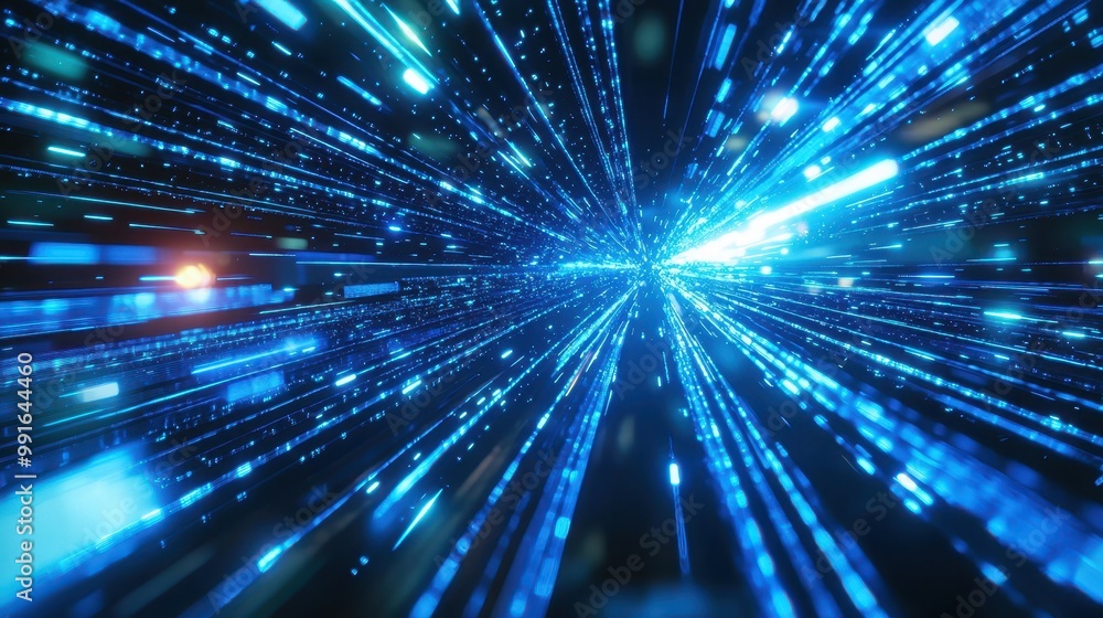 Digital holographic background with radiant blue beams of light traveling through abstract technology-inspired shapes. Digital holographic background with radiant blue beams of light traveling through abstract technology-inspired shapes.