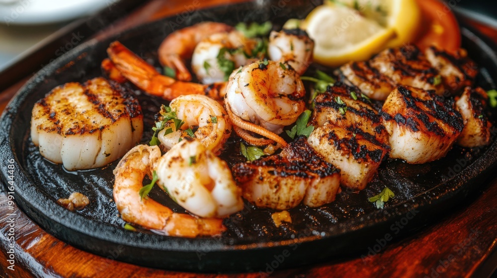 Grilled Seafood on a Sizzling Plate Grilled Seafood on a Sizzling Plate