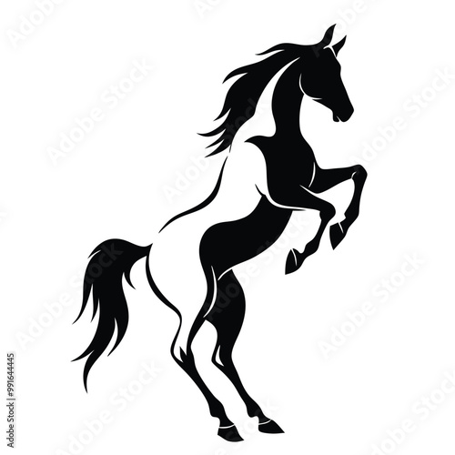 a black silhouette of a horse rearing up on its hind legs. The horse appears to be in mid-stride, with its front legs stretched out and its head turned to the side 