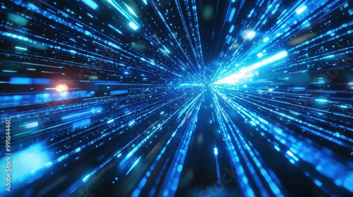 Digital holographic background with radiant blue beams of light traveling through abstract technology-inspired shapes.