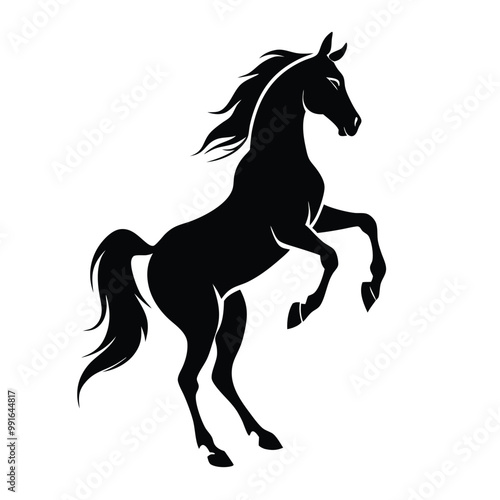 a black silhouette of a horse rearing up on its hind legs. The horse appears to be in mid-stride, with its front legs stretched out and its head turned to the side 