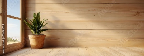 Indoor plant in a pot beside a wooden wall and window with natural light.