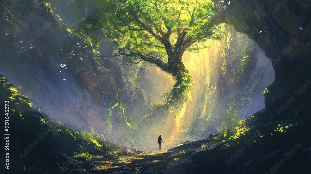 A lone traveler ventures into a mystical forest with a towering tree A lone traveler ventures into a mystical forest with a towering tree