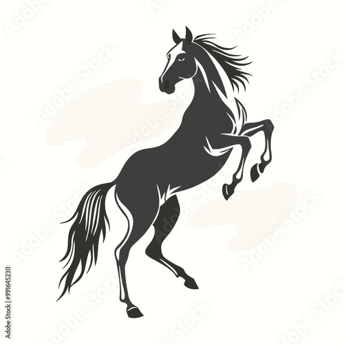 a black silhouette of a horse rearing up on its hind legs. The horse appears to be in mid-stride, with its front legs stretched out and its head turned to the side 