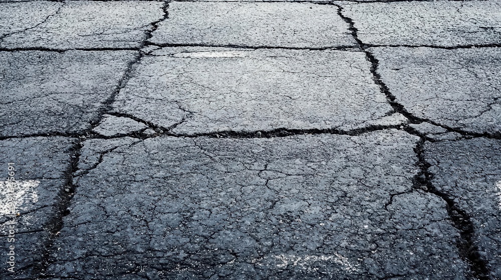 Obraz premium Street pavement with faded parking lines and small oil stains, faded parking lines, urban wear and tear
