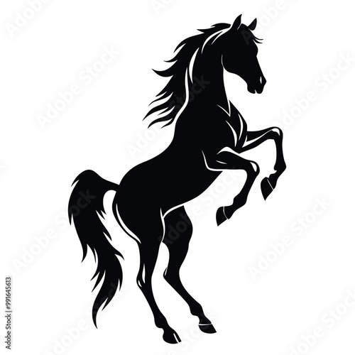 a black silhouette of a horse rearing up on its hind legs. The horse appears to be in mid-stride, with its front legs stretched out and its head turned to the side 