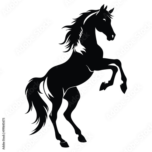 a black silhouette of a horse rearing up on its hind legs. The horse appears to be in mid-stride, with its front legs stretched out and its head turned to the side 