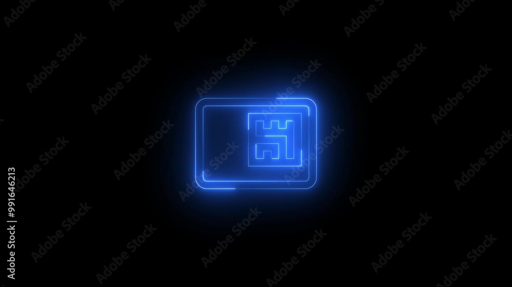 Neon smartcard icon blue glowing black background animation Neon smartcard icon blue glowing black background animation