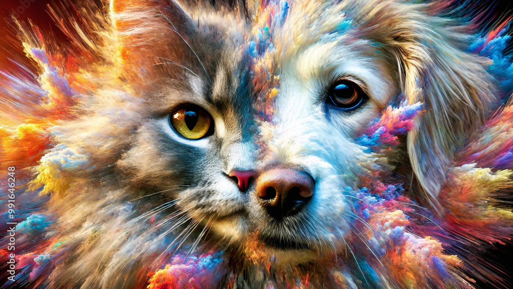 A surreal fusion of a cat and dog's face, surrounded by colourful, swirling clouds of vibrant energy. A surreal fusion of a cat and dog's face, surrounded by colourful, swirling clouds of vibrant energy.