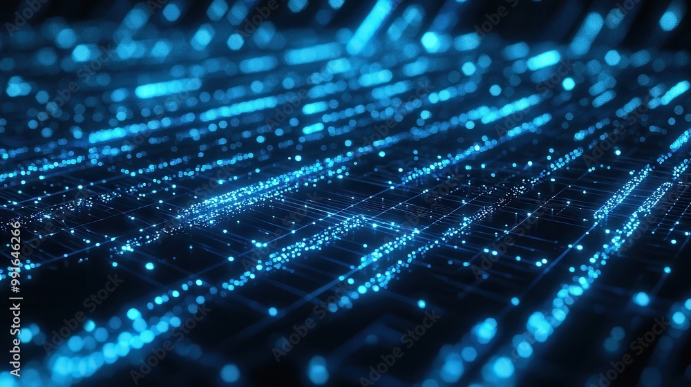 Dynamic blue holographic light beams flowing across a modern technology grid, creating a futuristic and digital sense of innovation. Dynamic blue holographic light beams flowing across a modern technology grid, creating a futuristic and digital sense of innovation.