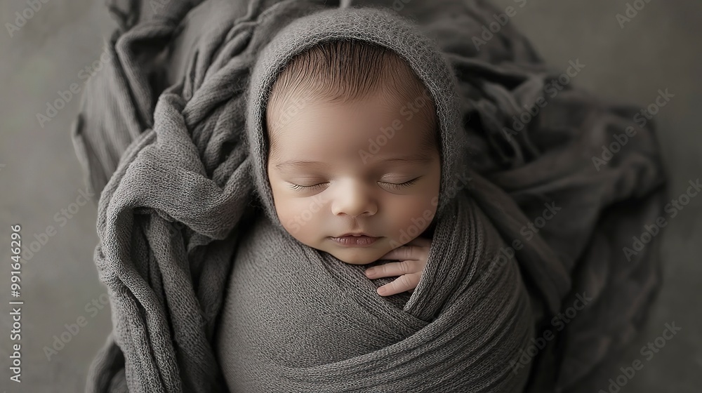 Top View of a NewBorn Baby Wrapped in Gray Cloth Generative Ai Image